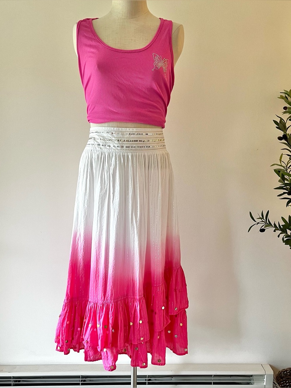 Y2K Pink Ombre Tiered Skirt White to Hot Pink dip dye with mirror sequins